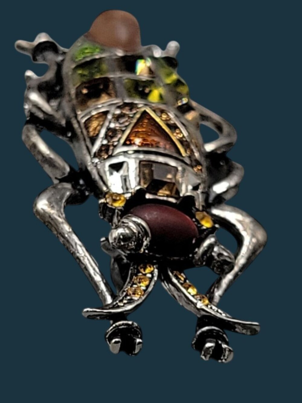 Beetle Brooch With Multicolor Frosted & Faceted Glass Stones Silver Tone Setting - Picture 5 of 7